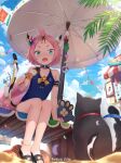  1girl animal animal_ear_fluff animal_ears arm_support artist_name bangs_pinned_back bare_shoulders beach beach_umbrella bird black_cat black_footwear blue_sky blue_swimsuit blurry blurry_foreground casual_one-piece_swimsuit cat cat_ears cat_girl cat_tail cloud cloudy_sky commentary_request day depth_of_field diona_(genshin_impact) fang food food_on_face frilled_swimsuit frills genshin_impact green_eyes holding holding_food liclac one-piece_swimsuit open_mouth outdoors pink_hair sand sandals short_eyebrows sitting sky solo string_of_flags swimsuit tail tail_raised thick_eyebrows umbrella 