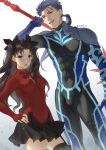  1boy 1girl alternate_costume bangs black_bodysuit black_skirt blue_bodysuit blue_hair bodysuit commentary_request contrapposto covered_abs covered_collarbone covered_navel cowboy_shot cu_chulainn_(fate)_(all) cu_chulainn_(fate/stay_night) fangs fate/stay_night fate_(series) fingerless_gloves gae_bolg_(fate) gloves gradient gradient_background grey_background hair_ribbon hand_on_hip hand_up highres long_hair long_sleeves mondi_hl multicolored multicolored_bodysuit multicolored_clothes open_mouth parted_bangs polearm ponytail red_eyes ribbon shoulder_plates simple_background skirt spear thighhighs tohsaka_rin two_side_up weapon white_background zettai_ryouiki 