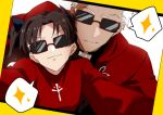  1boy 1girl archer_(fate) black_hair commentary_request eyebrows_visible_through_hair fate/stay_night fate_(series) highres karasaki long_hair long_sleeves looking_at_viewer selfie sparkle speech_bubble sunglasses tohsaka_rin upper_body white_hair 