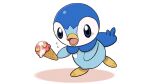  blue_eyes commentary_request creature dropping flying_sweatdrops food full_body gen_4_pokemon ice_cream ice_cream_cone no_humans official_art open_mouth piplup pokemon pokemon_(creature) prj_pochama solo standing standing_on_one_leg starter_pokemon tongue white_background 