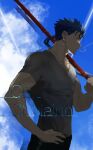  1boy alternate_costume beads biceps blue_hair blue_sky character_name cigarette collarbone cu_chulainn_(fate)_(all) cu_chulainn_(fate/stay_night) earrings fate/stay_night fate_(series) floating_hair from_side gae_bolg_(fate) hair_beads hair_ornament hand_on_hip highres holding holding_polearm holding_weapon jewelry kei_nomoto long_hair looking_at_viewer looking_back male_focus muscular muscular_male polearm ponytail red_eyes shirt short_sleeves sky smoking solo spiked_hair t-shirt v-neck weapon 