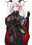  1girl aegir_(azur_lane) azur_lane bangs bare_shoulders black_cape bodystocking breast_curtains breasts cape covered_navel demon_horns highres horns iron_cross large_breasts leg_up long_hair looking_at_viewer multicolored_hair mutou_(94753939) parted_lips red_hair simple_background sleeves smile solo streaked_hair white_background white_hair yellow_eyes 