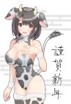  1girl alternate_costume animal_ears animal_print black_hair bow bowtie breasts cow_ears cow_horns cow_print cow_tail cowboy_shot detached_collar highleg highleg_leotard highres horns kantai_collection large_breasts leotard osashimisan print_legwear print_leotard print_neckwear red_eyes short_hair solo standing strapless strapless_leotard tail takao_(kancolle) thighhighs 