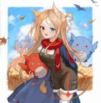  1girl animal animal_ears archetto_(arknights) arknights bird bird_ears blue_cape blue_eyes blue_sky brown_dress brown_hair cape cloud commentary dress griffin heterochromia highres holding holding_animal holding_bird lion_tail long_hair looking_at_viewer open_mouth red_eyes red_scarf scarf shirt skindentation sky solo spacelongcat tail wheat_field white_legwear white_shirt 
