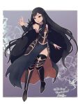  1girl bare_shoulders black_dress black_hair black_legwear border bright_pupils castlevania:_harmony_of_despair dress full_body grey_eyes hand_up lamb-oic029 long_hair parted_lips shanoa signature solo thank_you thighhighs white_border white_pupils 