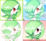  1girl bangs blue_sky blush bob_cut closed_mouth cloud colored_skin commentary day drop_shadow flat_chest gardevoir gen_3_pokemon green_hair green_skin hair_over_one_eye happy light_blush looking_to_the_side lotosu multicolored multicolored_skin multiple_views outdoors outline pink_outline pokemon pokemon_(creature) red_eyes shiny shiny_hair short_hair sideways_mouth sky smile two-tone_skin white_skin 