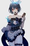  1girl akitama2727 alice_(sinoalice) apron bangs blue_dress blue_gloves blue_hair blue_legwear breasts candy chocolate chocolate_bar choker cleavage dress eating elbow_gloves food food_in_mouth gloves grey_background hair_between_eyes headband holding holding_chocolate holding_food leggings looking_at_viewer red_eyes simple_background sinoalice 