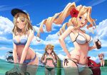  &gt;_&lt; 4girls abyssal_ship atlanta_(kancolle) bare_arms bare_shoulders bikini bikini_top black_bikini blonde_hair blue_bikini blue_eyes blush bokukawauso breasts brown_hair cleavage closed_mouth clothes_writing cloud cloudy_sky collarbone day drill_hair enemy_lifebuoy_(kancolle) enemy_naval_mine_(kancolle) eyebrows_visible_through_hair flower flying_sweatdrops front-tie_top green_bikini green_eyes groin hair_flower hair_ornament hat helena_(kancolle) highres holding honolulu_(kancolle) houston_(kancolle) ichikawa_feesu kantai_collection large_breasts long_hair multiple_girls navel o-ring o-ring_bikini open_mouth partially_submerged peaked_cap red_flower side-tie_bikini sky smile sunflower swimsuit twin_drills twintails two_side_up water white_bikini yellow_flower 