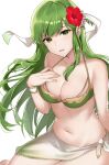  1girl alternate_costume bikini breasts cleavage fire_emblem fire_emblem_echoes:_shadows_of_valentia flower green_bikini green_eyes green_hair green_swimsuit hair_flower hair_ornament haru_(nakajou-28) headband hibiscus large_breasts long_hair looking_at_viewer open_mouth palla_(fire_emblem) red_flower sarong smile solo swimsuit white_background 