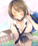  1girl azur_lane bag baltimore_(after-school_ace)_(azur_lane) baltimore_(azur_lane) beige_cardigan black_choker black_neckwear black_skirt blush braid breasts brown_hair cardigan cardigan_around_waist choker cleavage clothes_around_waist collared_shirt covered_nipples french_braid hatte_(bsrmkr) highres large_breasts loose_necktie miniskirt necktie official_alternate_costume outdoors partially_unbuttoned pleated_skirt school_bag see-through_shirt shirt short_hair short_sleeves skirt solo white_shirt yellow_eyes 