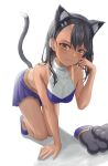  1girl absurdres animal_ears arm_support black_hair blue_skirt breasts brown_eyes cat_ears cat_tail closed_mouth fake_animal_ears fake_tail fang fingernails gloves gloves_removed highres ijiranaide_nagatoro-san long_hair looking_at_viewer medium_breasts nagatoro_hayase paw_gloves paws simple_background skin_fang skirt smile solo tail tan tanlines white_background yj 