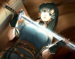 1girl bangs belt breasts delsaber earrings facing_viewer fingerless_gloves fire_emblem fire_emblem:_the_blazing_blade from_below gloves glowing glowing_sword glowing_weapon green_eyes green_hair hands_up holding holding_sword holding_weapon jewelry large_breasts long_hair looking_at_object lyn_(fire_emblem) mani_katti_(fire_emblem) open_mouth ponytail solo sword upper_body weapon 