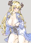  1girl bangs blonde_hair blue_eyes blue_kimono blush breasts cleavage collarbone draph granblue_fantasy highres horns houtengeki japanese_clothes kimono large_breasts long_hair long_sleeves looking_at_viewer open_mouth pointy_ears rastina sash solo sweat thighs wide_sleeves 