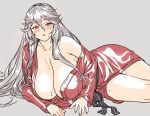  1girl bangs bare_shoulders blush breasts brown_eyes cleavage collarbone granblue_fantasy houtengeki huge_breasts japanese_clothes kimono long_hair long_sleeves looking_at_viewer lying magisa_(granblue_fantasy) off_shoulder on_side parted_lips red_kimono silver_hair smile solo sweat thighs wide_sleeves 