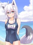  1girl ahoge animal_ear_fluff animal_ears arms_behind_back bangs blush braid breasts chitose_tomo cloud cloudy_sky collarbone commentary_request day eyebrows_visible_through_hair fox_ears fox_girl fox_tail green_eyes hair_between_eyes hololive long_hair looking_at_viewer medium_breasts ocean old_school_swimsuit outdoors school_swimsuit shirakami_fubuki sidelocks signature single_braid sky smile solo swimsuit tail virtual_youtuber white_hair 