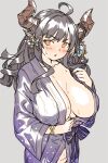  1girl augusta_(granblue_fantasy) bangs black_hair blue_kimono blush bracelet breasts brown_eyes butterfly_hair_ornament cleavage collarbone draph granblue_fantasy hair_ornament highres horns houtengeki japanese_clothes jewelry kimono large_breasts long_hair long_sleeves looking_at_viewer open_mouth pointy_ears sash solo sweat wide_sleeves 