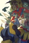  3boys black_hair blonde_hair blue_skin colored_skin cowen_(shin_getter_robo) dark-skinned_male dark_skin fat fat_man getter_dragon getter_liger getter_poseidon getter_robo hair_behind_ear highres looking_ahead looking_up mecha multiple_boys pilot_suit professor_saotome red_eyes science_fiction shin_getter_robo smile stinger_(shin_getter_robo) sunglasses super_robot vldhomecenter white_hair yellow_eyes 