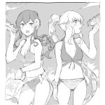  2girls bikini breasts cleavage commentary_request cowboy_shot flower food gotland_(kancolle) greyscale hair_flower hair_ornament kantai_collection kitamura_hato leaning_forward long_hair medium_breasts mole mole_under_eye monochrome multiple_girls open_mouth ponytail profile sarong sidelocks standing swimsuit very_long_hair yura_(kancolle) 