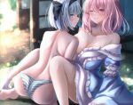  2girls ;) ass back bangs black_hairband black_ribbon blue_eyes blue_kimono blunt_bangs blurry blurry_background blush bob_cut bokeh breasts cleavage closed_mouth commentary_request depth_of_field eyebrows_visible_through_hair feet_out_of_frame foot_out_of_frame frills hair_between_eyes hair_ribbon hairband highres indoors japanese_clothes kimono konpaku_youmu large_breasts medium_breasts medium_hair multiple_girls no_hat no_headwear one_eye_closed open_clothes open_kimono panties parted_lips pink_eyes pink_hair profile ribbon saigyouji_yuyuko shiranui_(wasuresateraito) short_hair sideways_glance silver_hair smile striped striped_panties topless touhou underwear wooden_floor yuri 