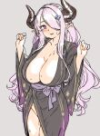  1girl bangs black_kimono blue_eyes blush braid breasts cleavage collarbone crown_braid draph granblue_fantasy hair_ornament hair_over_one_eye highres horns houtengeki japanese_clothes kimono large_breasts light_purple_hair long_hair long_sleeves looking_at_viewer narmaya_(granblue_fantasy) pointy_ears sash smile solo sweat thighs wide_sleeves 