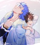  2boys back-to-back black_hair blue_eyes blue_hair cape closed_mouth collarbone cu_chulainn_(caster)_(fate) cu_chulainn_(fate)_(all) earrings fang fate/grand_order fate_(series) fujimaru_ritsuka_(male) fur-trimmed_hood fur_trim height_difference hood hood_down hooded_cape jewelry long_hair long_sleeves looking_at_another looking_back male_focus multiple_boys multiple_earrings multiple_piercings nozawa open_mouth red_eyes shirt smile spiked_hair 