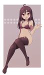  1girl :d ahoge border bottomless bra breasts brown_background brown_hair brown_legwear full_body highres invisible_chair lamb-oic029 looking_at_viewer medium_breasts navel open_mouth original red_bra red_eyes sitting smile solo thighhighs underwear waving white_border 