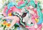  braids dress dsmile flowers green_eyes green_hair hatsune_miku long_hair microphone ribbons socks twintails vocaloid waifu2x watermark 