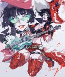  1girl akame_(chokydaum) black_hair boots electric_guitar guilty_gear guilty_gear_strive guitar hat heterochromia highres i-no instrument jacket mole mole_above_mouth red_headwear red_jacket red_legwear red_lips short_hair thigh_boots thighhighs venus_symbol very_short_hair witch_hat 