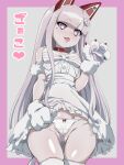  1girl :p animal_ears ass bangs bare_shoulders blunt_bangs blush cameltoe cat_ears collar dress gloves hair_ornament indie_virtual_youtuber long_hair mole mole_under_eye namahoshi-chan nomanota panties pink_hair purple_eyes solo tail thighhighs tongue tongue_out translation_request underwear white_dress white_legwear white_panties 