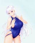  1girl absurdres adjusting_clothes adjusting_swimsuit azur_lane bare_shoulders belfast_(azur_lane) blue_swimsuit braid breasts competition_swimsuit covered_navel french_braid hair_behind_ear highleg highleg_swimsuit highres large_breasts long_hair looking_at_viewer misoni_(kenisbyakusiki) one-piece_swimsuit purple_eyes red_nails sideboob simple_background smile swimsuit very_long_hair white_hair 
