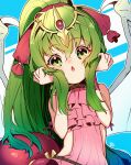  1girl child dragon_girl dragon_wings fire_emblem fire_emblem:_mystery_of_the_emblem fire_emblem_heroes frilled_swimsuit frills green_eyes green_hair hair_between_eyes head_tilt highres long_hair looking_at_viewer manakete nakabayashi_zun official_alternate_costume one-piece_swimsuit pink_swimsuit ponytail solo swimsuit tiara tiki_(fire_emblem) wings 