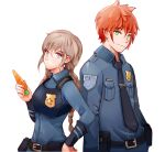  1boy 1girl badge bangs belt belt_buckle belt_pouch braid buckle carrot closed_mouth commentary green_eyes grey_hair hair_between_eyes hand_on_hip highres holding holding_carrot judy_hopps long_hair long_sleeves looking_at_viewer necktie nick_wilde orange_hair police police_uniform policewoman pouch purple_eyes short_hair simple_background smile twin_braids uniform white_background xip3 zootopia 