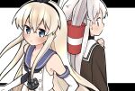  2girls amatsukaze_(kancolle) anchor_hair_ornament ataru_(ataru-littlebird) back-to-back black_neckwear blonde_hair blue_sailor_collar brown_dress crop_top dress elbow_gloves gloves grey_eyes hair_ornament hair_tubes kantai_collection long_hair multiple_girls neckerchief sailor_collar shimakaze_(kancolle) silver_hair two_side_up upper_body white_gloves white_sailor_collar windsock 