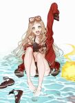  1girl arm_up ball barefoot beachball bikini blonde_hair blood blood_splatter buckle feet footwear_removed full_body goggles goggles_on_head hair_ribbon happy highres jacket legs little_red_riding_hood_(sinoalice) long_hair looking_at_viewer ogamiomi open_mouth orange_eyes ribbon sandals sandals_removed scratches sinoalice sitting solo swimsuit thighs toes water wavy_hair wet 