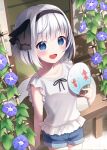  1girl :d alternate_costume bangs black_hairband black_ribbon blue_eyes blue_flower blue_shorts blush breasts collarbone commentary_request cowboy_shot day doorway eyebrows_visible_through_hair fan flower from_above hair_ribbon hairband highres hitodama holding holding_fan konpaku_youmu konpaku_youmu_(ghost) ladder leaf looking_at_viewer morning_glory open_mouth outdoors ribbon shirt short_hair short_sleeves shorts silver_hair small_breasts smile solo standing suzuno_naru tatami touhou white_shirt wooden_floor 