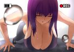  1girl absurdres all_fours amemuchizakuro bra breasts camera_lens cleavage closed_eyes dripping droplet exercise fate/grand_order fate_(series) highres large_breasts open_mouth pants purple_bra purple_hair recording scathach_(fate) scathach_(fate)_(all) simple_background sports_bra sweat sweatpants underwear wet wet_hair 