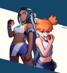  2girls :d absurdres armlet bangs bike_shorts black_hair blue_eyes blue_eyeshadow blue_hair closed_mouth commentary_request dark-skinned_female dark_skin dynamax_band ear_clip earrings eyelashes eyeshadow gloves gym_leader hair_bun hair_tie hand_on_hip hand_up highres holding holding_poke_ball hoop_earrings jambee jewelry korean_commentary long_hair looking_at_viewer makeup misty_(pokemon) multicolored_hair multiple_girls navel necklace nessa_(pokemon) open_mouth orange_hair poke_ball poke_ball_(basic) pokemon pokemon_(game) pokemon_lgpe pokemon_swsh shirt short_hair shorts side_ponytail signature single_glove smile tied_hair two-tone_hair upper_teeth white_shirt 