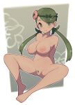  1girl arms_behind_back bar_censor breasts censored closed_mouth completely_nude dark-skinned_female dark_skin female_pubic_hair flower green_eyes green_hair green_pubic_hair hair_flower hair_ornament highres lamb-oic029 long_hair looking_at_viewer mallow_(pokemon) navel nipples nude pokemon pokemon_(game) pokemon_sm pubic_hair pussy sitting smile solo twintails 