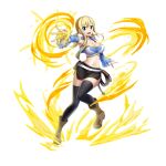  1girl blonde_hair boots breasts brown_eyes cleavage detached_sleeves eyebrows_visible_through_hair fairy_tail full_body hair_between_eyes large_breasts looking_at_viewer lucy_heartfilia midriff miniskirt navel official_art open_mouth skirt solo strapless teeth thighhighs tongue transparent_background tubetop twintails valkyrie_connect 