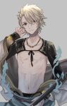  1boy abs akitama2727 aladdin_(sinoalice) bangs blonde_hair blue_eyes closed_mouth grey_background hair_over_one_eye highres jewelry long_sleeves looking_at_viewer muscular muscular_male navel necklace nipples short_hair simple_background sinoalice smile 