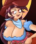  1girl bandana bangs bare_shoulders black_hair black_wings blue_shirt breasts brown_headwear cleavage cowboy_hat freckles hat horse_girl kurokoma_saki large_breasts long_hair off-shoulder_shirt off_shoulder open_mouth ponytail quariumarts red_eyes shirt solo touhou western wily_beast_and_weakest_creature wings 