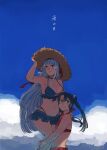  2girls bangs bikini blue_bikini blush breasts carrying cleavage closed_mouth cloud day grey_hair hair_ribbon hat headband highleg highleg_bikini kantai_collection large_breasts long_hair multiple_girls outdoors red_bikini red_headband ribbon shoukaku_(kancolle) sky smile straw_hat swimsuit twintails weidashming white_hair zuikaku_(kancolle) 