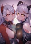  2girls aegir_(azur_lane) azur_lane bare_shoulders black_cape bodystocking breast_curtains breast_press breasts buttons cape cross cross_earrings demon_horns earrings eyebrows_visible_through_hair headgear highres horns impossible_clothes iron_cross jewelry long_hair looking_at_viewer medal mimiko_(fuji_310) mole mole_on_breast multicolored_hair multiple_girls prinz_eugen_(azur_lane) purple_background red_eyes red_hair sideboob simple_background streaked_hair symmetrical_docking twintails two-tone_hair white_hair yellow_eyes 