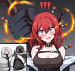  2girls acso arknights armor big_bob_(arknights) black_dress black_jacket blush breasts chest_strap cleavage collarbone dart demon_girl demon_horns detached_collar dress golem highres horns jacket large_breasts long_hair mudrock_(arknights) mudrock_colossus_(arknights) multiple_girls off_shoulder open_clothes open_jacket open_mouth purple_eyes red_hair sleeveless sleeveless_dress surtr_(arknights) 
