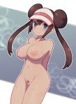  1girl arms_behind_back bar_censor blue_eyes blush breasts brown_hair censored closed_mouth double_bun female_pubic_hair highres lamb-oic029 large_breasts long_hair looking_at_viewer nipples nude pokemon pokemon_(game) pokemon_bw2 pubic_hair rosa_(pokemon) smile solo twintails visor_cap 