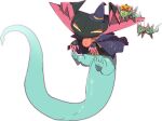  &gt;_&lt; claws cloak commentary_request dragapult dreepy gen_8_pokemon grey_cloak grey_headwear half-closed_eyes halloween hatted_pokemon highres morio_(poke_orio) no_humans pokemon pokemon_(creature) simple_background tongue tongue_out white_background 