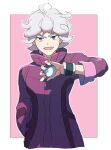  1boy ahoge bangs bede_(pokemon) border coat commentary_request curly_hair great_ball grey_hair hand_up holding holding_poke_ball male_focus morio_(poke_orio) open_mouth outline outside_border poke_ball pokemon pokemon_(game) pokemon_swsh purple_coat purple_eyes short_hair sleeves_rolled_up smile solo white_border wristband 