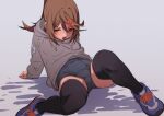  1girl blush brown_eyes brown_hair covered_navel fu-ta hood hoodie oekaki original ponytail school_swimsuit simple_background sitting solo sweat swimsuit swimsuit_under_clothes thighhighs usami_taiga 
