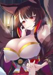  1girl akagi_(azur_lane) animal_ears azur_lane bare_shoulders breasts brown_hair brown_kimono brown_tail candle cleavage fox_ears fox_tail indoors japanese_clothes kimono krono_tokage kyuubi large_breasts long_hair metal_belt miniskirt multiple_tails open_clothes open_kimono pleated_skirt red_eyes red_skirt sakuramon skirt tail wide_sleeves 