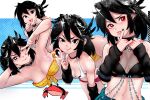  1girl bare_shoulders black_eyes black_hair borrowed_character breasts cleavage crab hair_between_eyes halftone hands_up heart heart-shaped_pupils highres licking_lips long_hair looking_at_viewer lucia_(scott_malin) medium_breasts midriff multiple_views navel one_eye_closed open_mouth original red_eyes robot_cat shadow smile symbol-shaped_pupils tongue tongue_out 